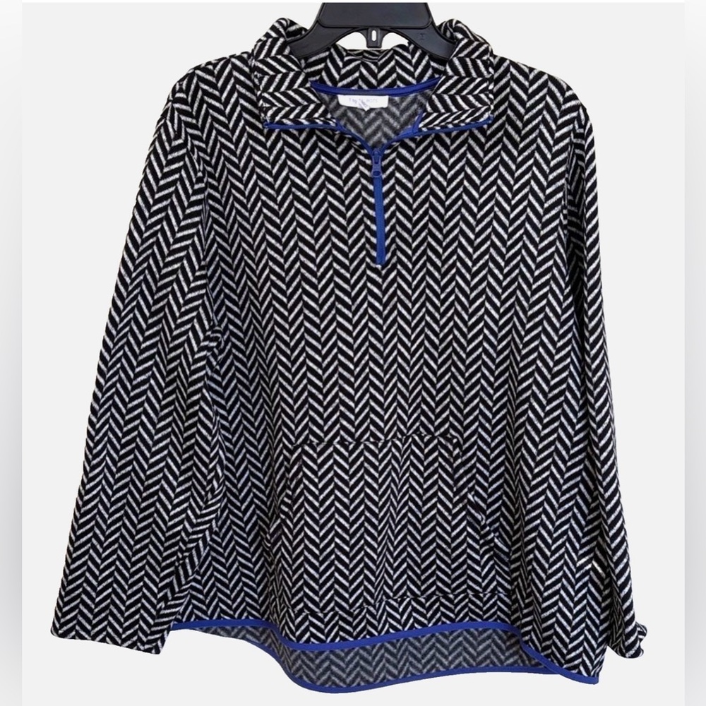 Talbots Women’s 2X Herringbone Fleece Pullover Blue Trim Quarter Zip Sweatshirt